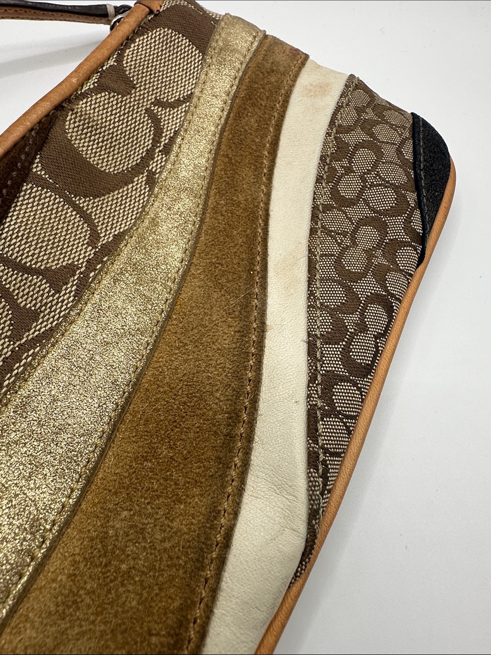 Coach Metallic Gold Tan and Brown Signature Stripe Wristlet - Picture 5 of 6